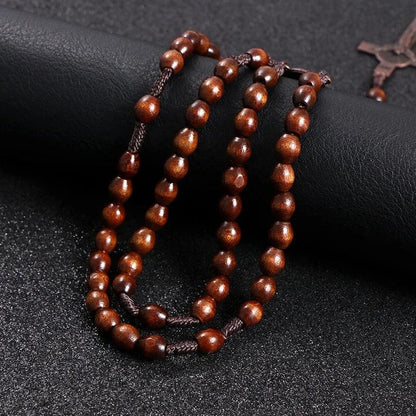 Christ Jesus Wooden Beads 8Mm Rosary Bead Cross Car Pendant Woven Rope Chain Necklace Religious Orthodox Praying Jewelry